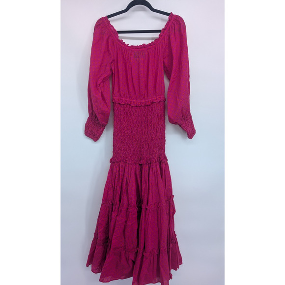 NWOT Alexis Thalssa Off The Shoulder Shirred Maxi Dress Sz M Fuchsia Dot #1H451 - Picture 7 of 12